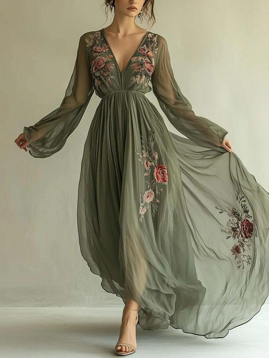 Floral Print Double Layer Chiffon Tunic Dress