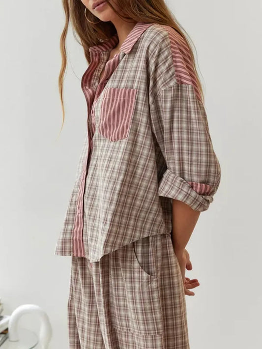 Plaid Contrast Button Up Two Piece Pajama Set