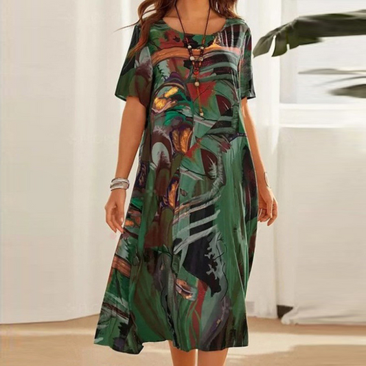 Mid-Calf Short Sleeve Round Neck Midi Dress