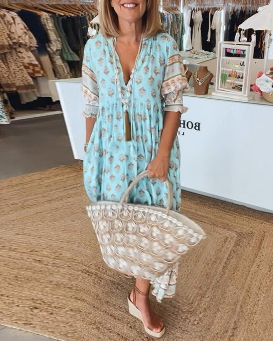 Floral Print V Neck Flowing Maxi Dress