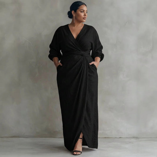Women's V-Neck Cross Tie Waist A-Line Maxi Dress