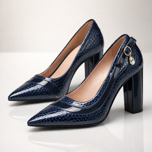 Croc Embossed Pointed Toe Block Heels