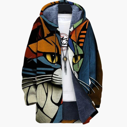 Unisex Cat Print Hooded Zip-Up Sweatshirt