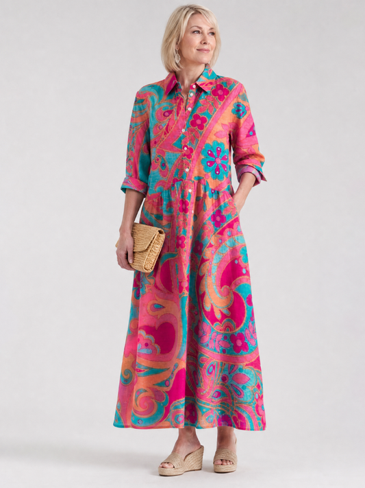 Three Quarter Sleeve Printed Midi Shirt Dress