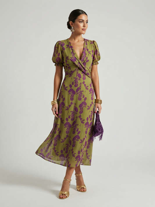 Floral Wrap Bodice Short Sleeve Midi Dress