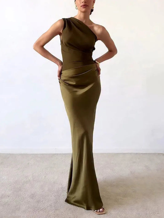One-Shoulder Pleated Maxi Dress