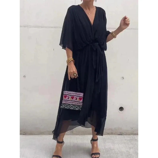 Flutter Sleeve Tie Waist Midi Wrap Dress