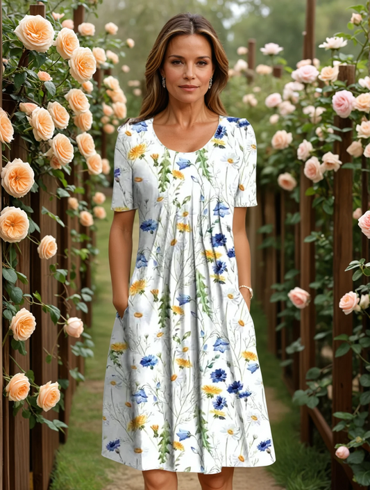 Floral A Line Midi Dress with Tummy Coverage and Pockets