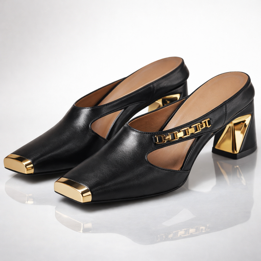 Gold Chain Square Toe Block Heel Mules
