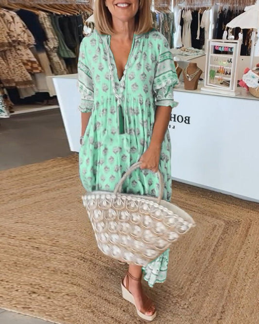 Floral Print V Neck Flowing Maxi Dress