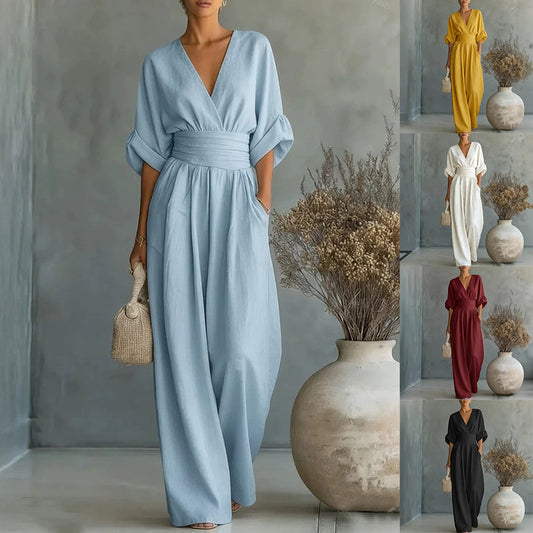 Wide Leg Linen Style V Neck Jumpsuit