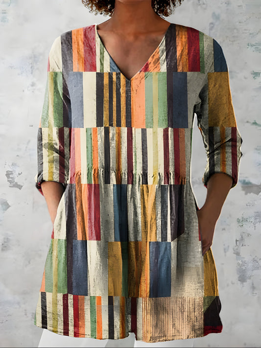 Multicolour Print Long Sleeve V-Neck Tunic Blouse