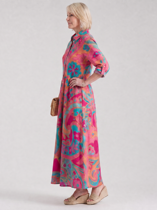 Three Quarter Sleeve Printed Midi Shirt Dress