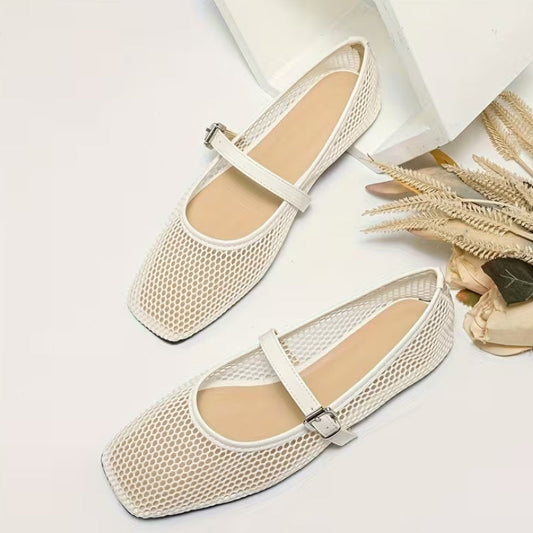 Square Toe Mesh Mary Jane Flats