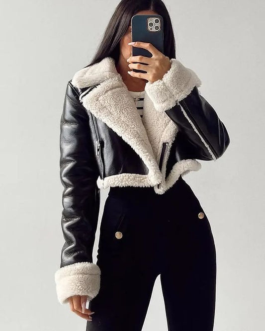 Teddy-Lined Faux Leather Cropped Jacket