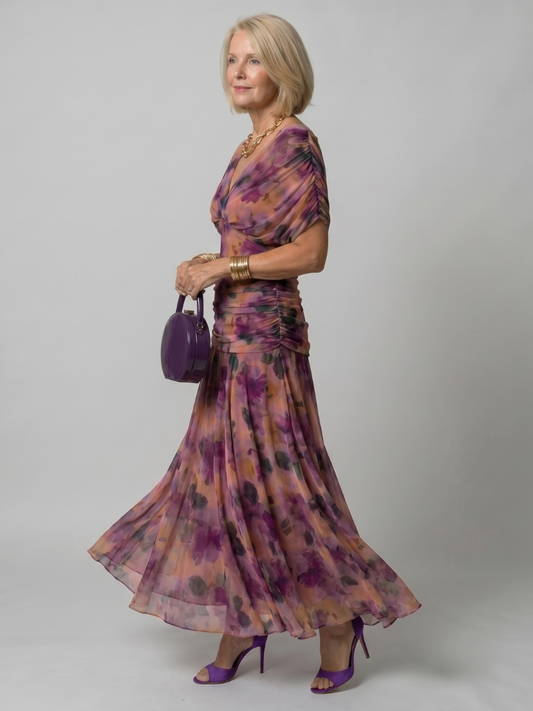 Off Shoulder Draped Neckline Flared Midi Dress