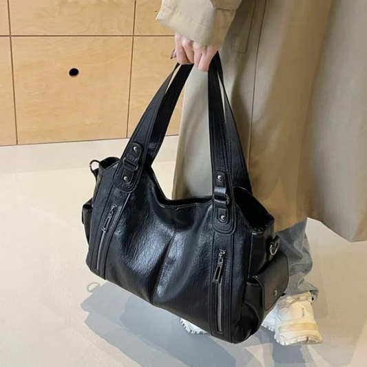 Vegan Leather Shoulder Bag With Multiple Pockets