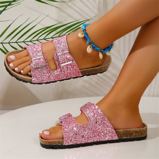 Women's Glitter Strap Flat Sandals