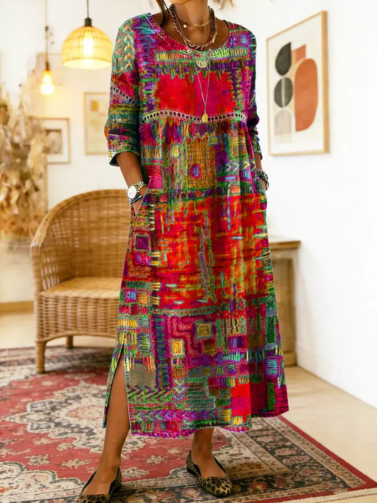 Patchwork Print Loose Fit Denim Dress
