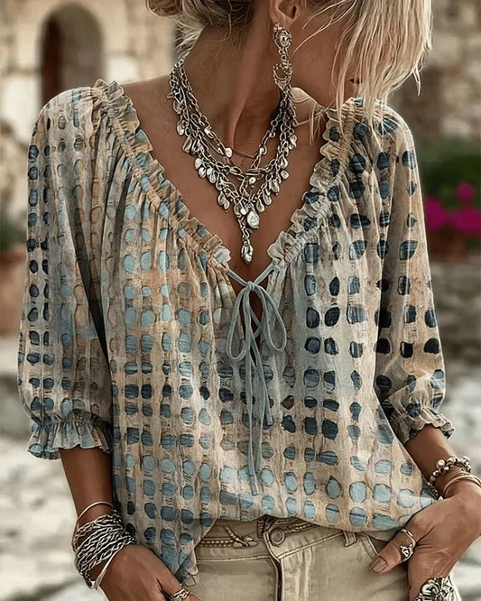 Lace Up V Neck Polka Dot Blouse with Puff Sleeves