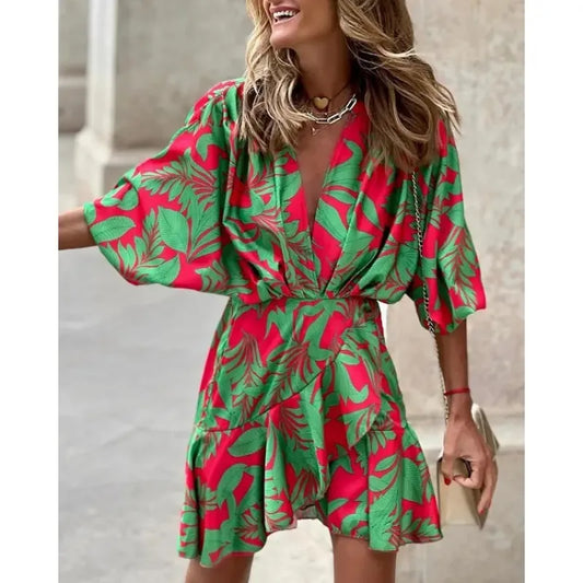 Abstract Print Ruffle Hem Wrap Mini Dress
