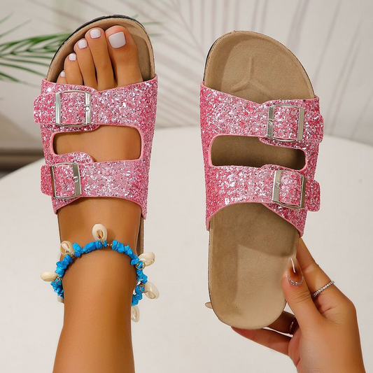 Women's Glitter Strap Flat Sandals