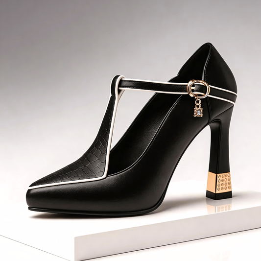 Women's T Strap Studded Block Heels with Platform