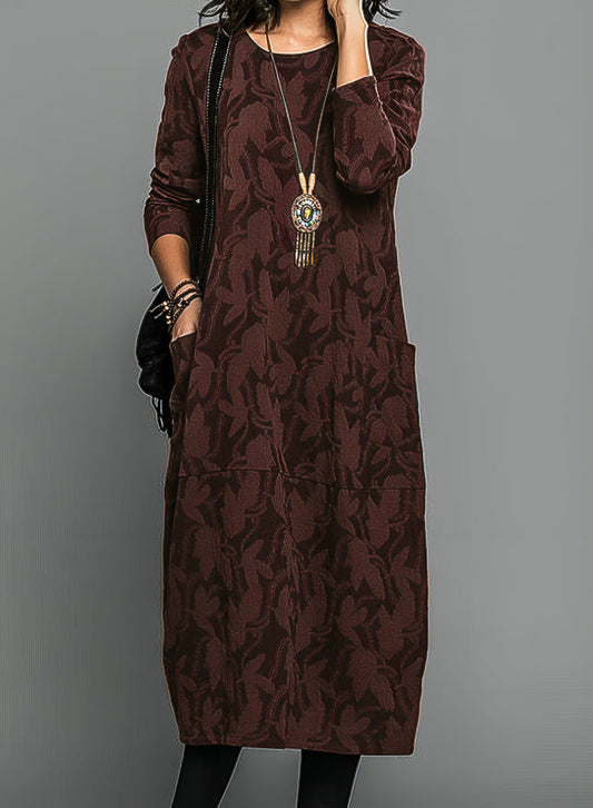 Leaf Print Winter Dress With Side Pockets