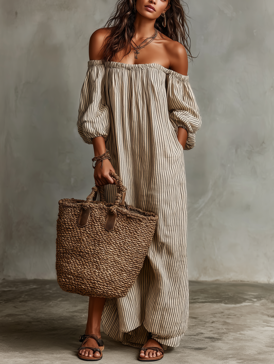 Off Shoulder Puff Sleeve Striped Maxi Dress