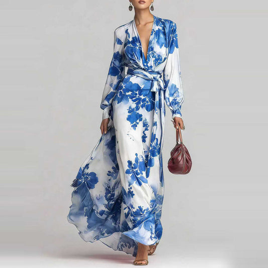 Floral Chiffon V Neck Maxi Dress