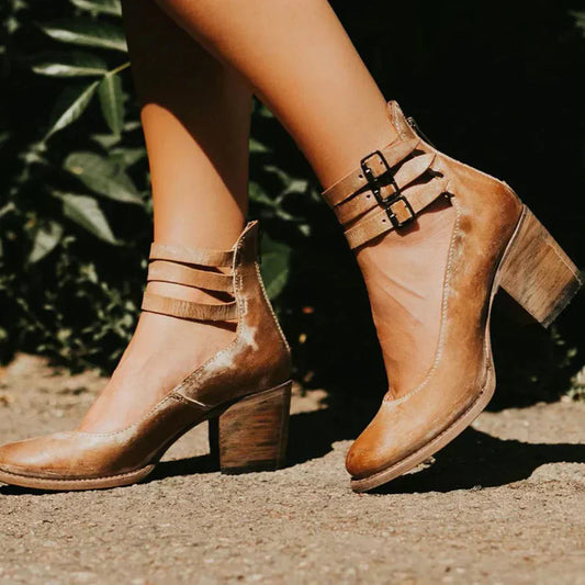 Strappy Ankle Buckle Block Heel Pumps