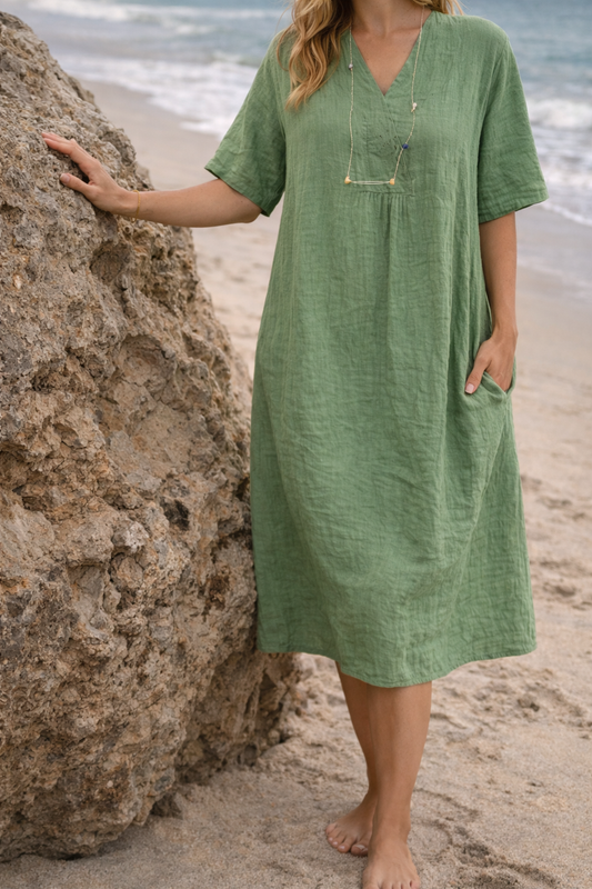 Women's Relaxed V-Neck Linen Midi Dress With Pockets