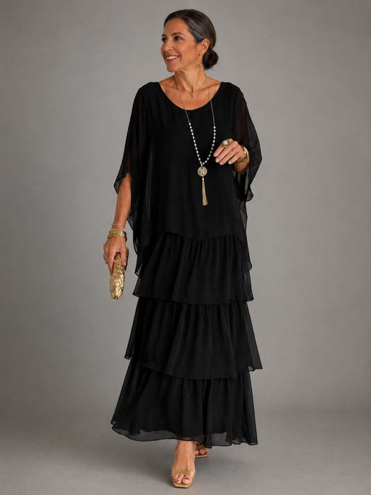 Tiered Chiffon Maxi Dress With Cape Sleeves