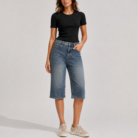 High Waisted Denim Bermuda Shorts