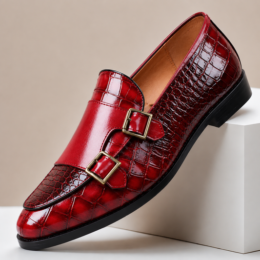 Men's Double Buckle Embossed Dress Loafers