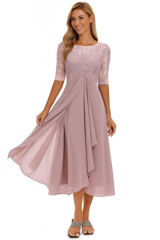 Lace and Chiffon A-Line Midi Dress