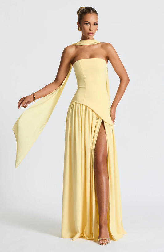 Asymmetric Draped Strapless Maxi Gown With Scarf