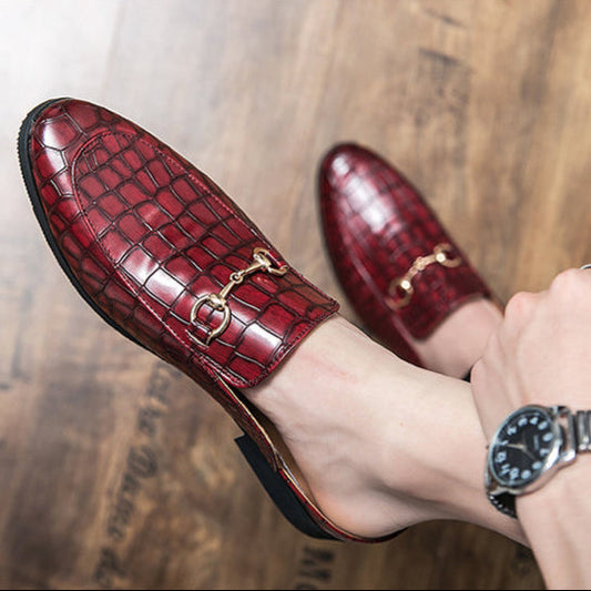 Croc-Embossed Horsebit Detail Leather Mules