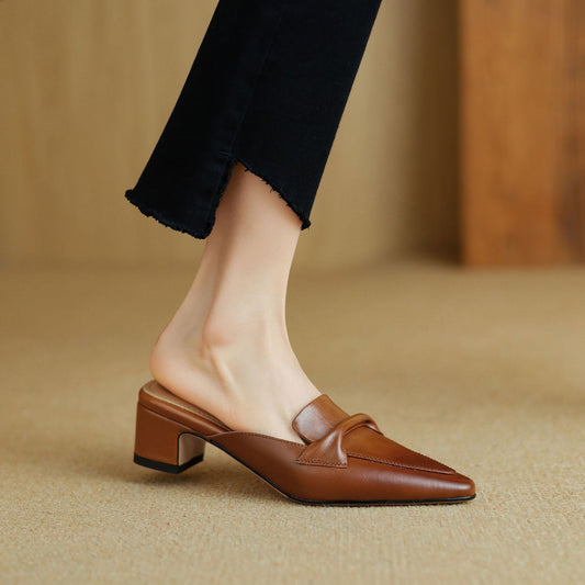 Genuine Leather Bow-Strap Cushioned Mules