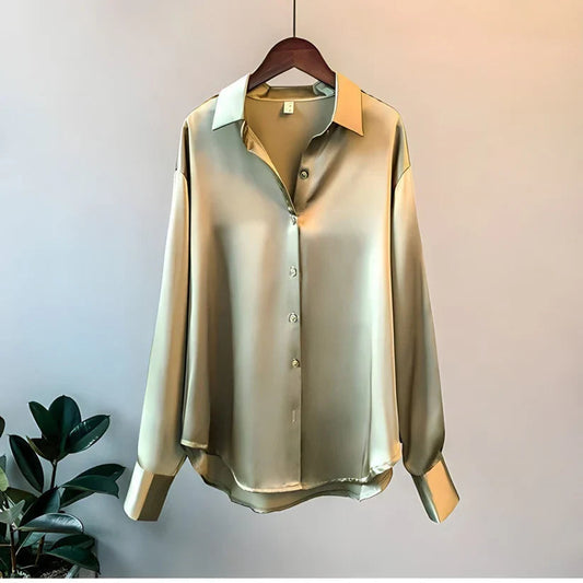 Long Sleeve Button-Up Satin Blouse