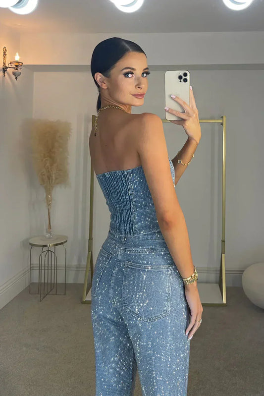Glitter Bandeau Top And High Waist Trouser Set
