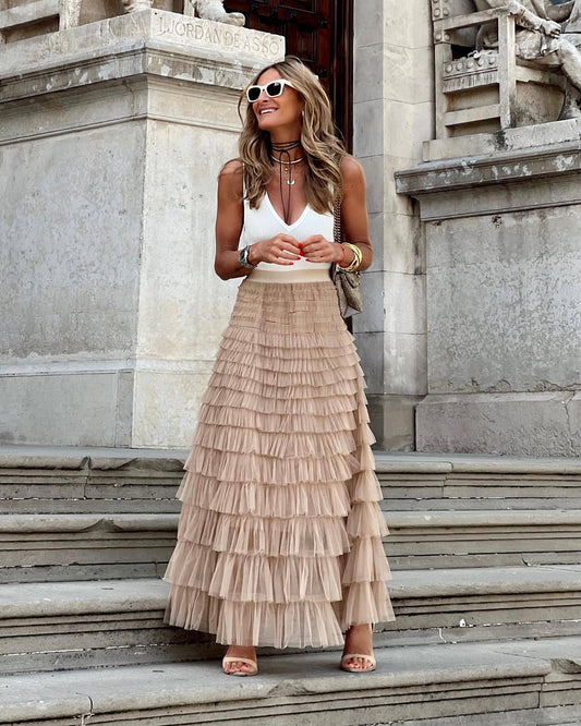 Layered Tulle Maxi Skirt with Elastic Waist