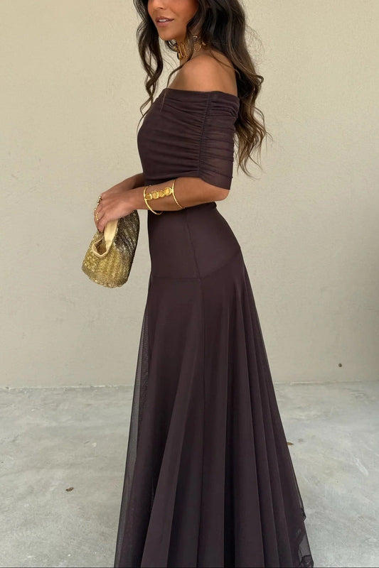 One Shoulder Draped Mesh Maxi Dress