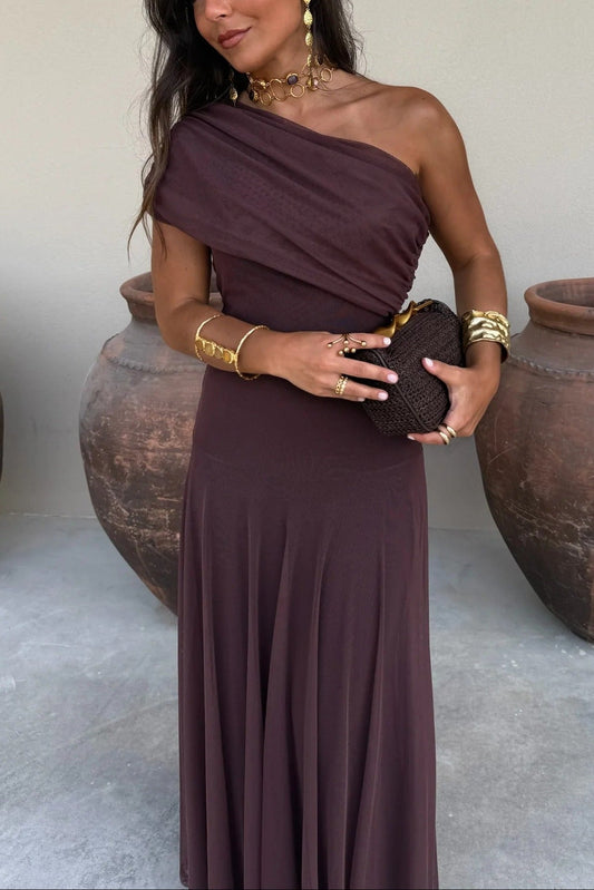 One Shoulder Draped Mesh Maxi Dress