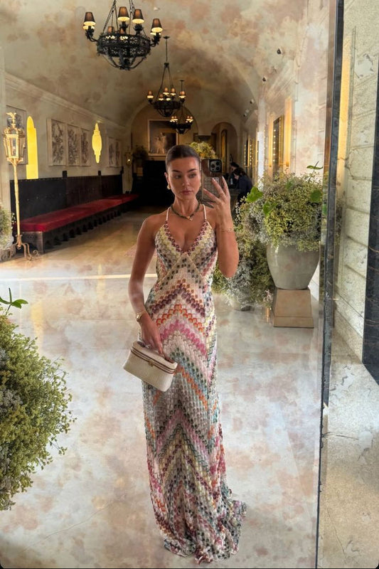 Chevron Crochet Open Back A Line Maxi Dress