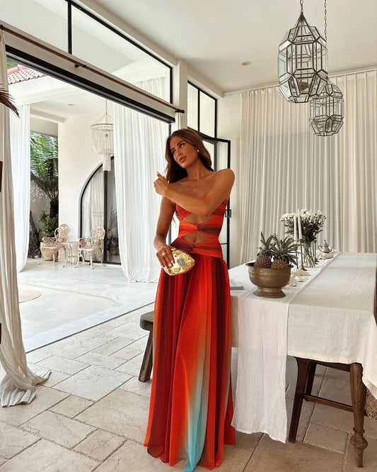 Strapless A Line Cut Out Mesh Maxi Dress