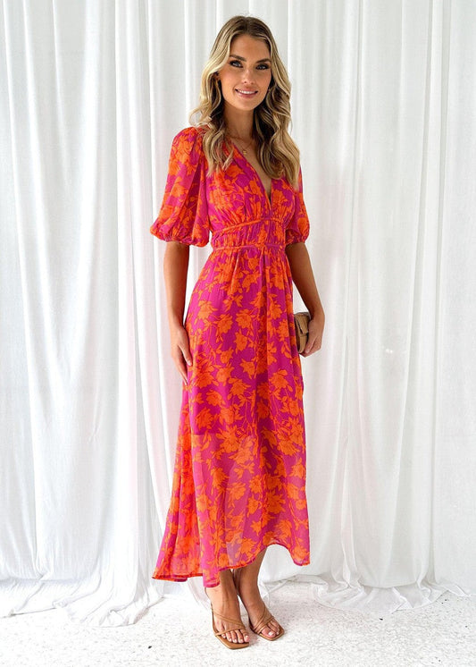 Floral Puff Sleeve V Neck Midi Dress