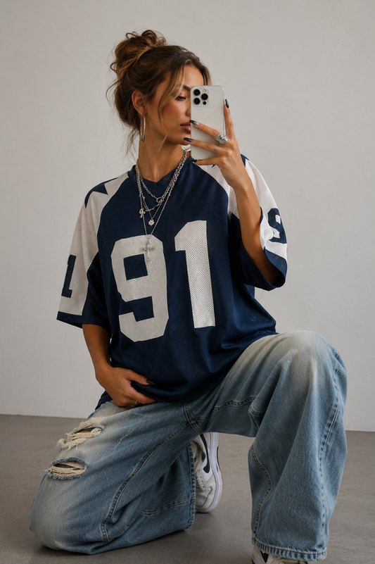 Oversized Varsity Print Sport Jersey Shirt