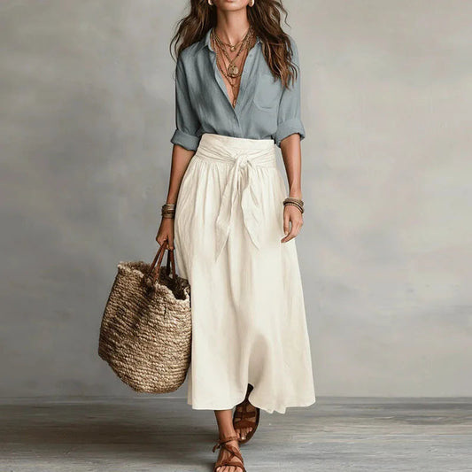 Relaxed Blouse And Tie Waist Midi Skirt Set