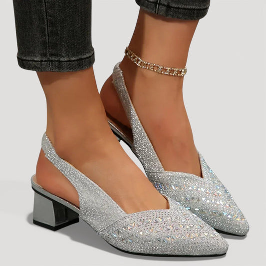 Glitter Pointed Toe Slingback Block Heels